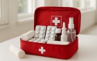 Rotes Erste-Hilfe-Set mit Medikamenten, Verbandmaterial und Sprühflasche auf einem weißen Tisch